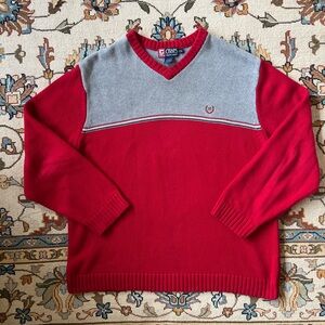 Ralph Lauren - Chaps Men's Red and Gray  100% Cotton V-Neck Knit Sweater